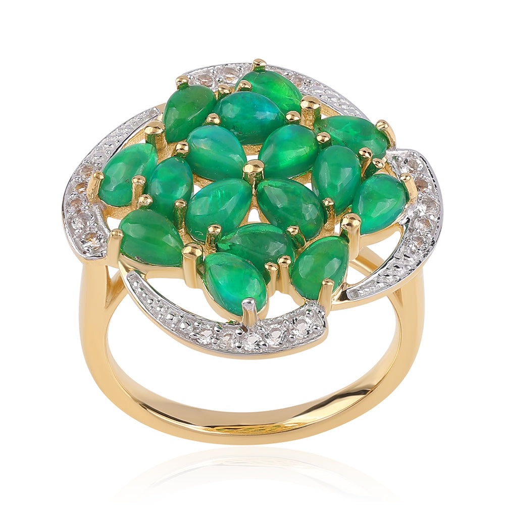 Pozlacený 925 / 1000 Sterlingové Stříbro Prsten se Zeleným Etiopským Opálem z Lega Dembi a Bílým Topazem 1 