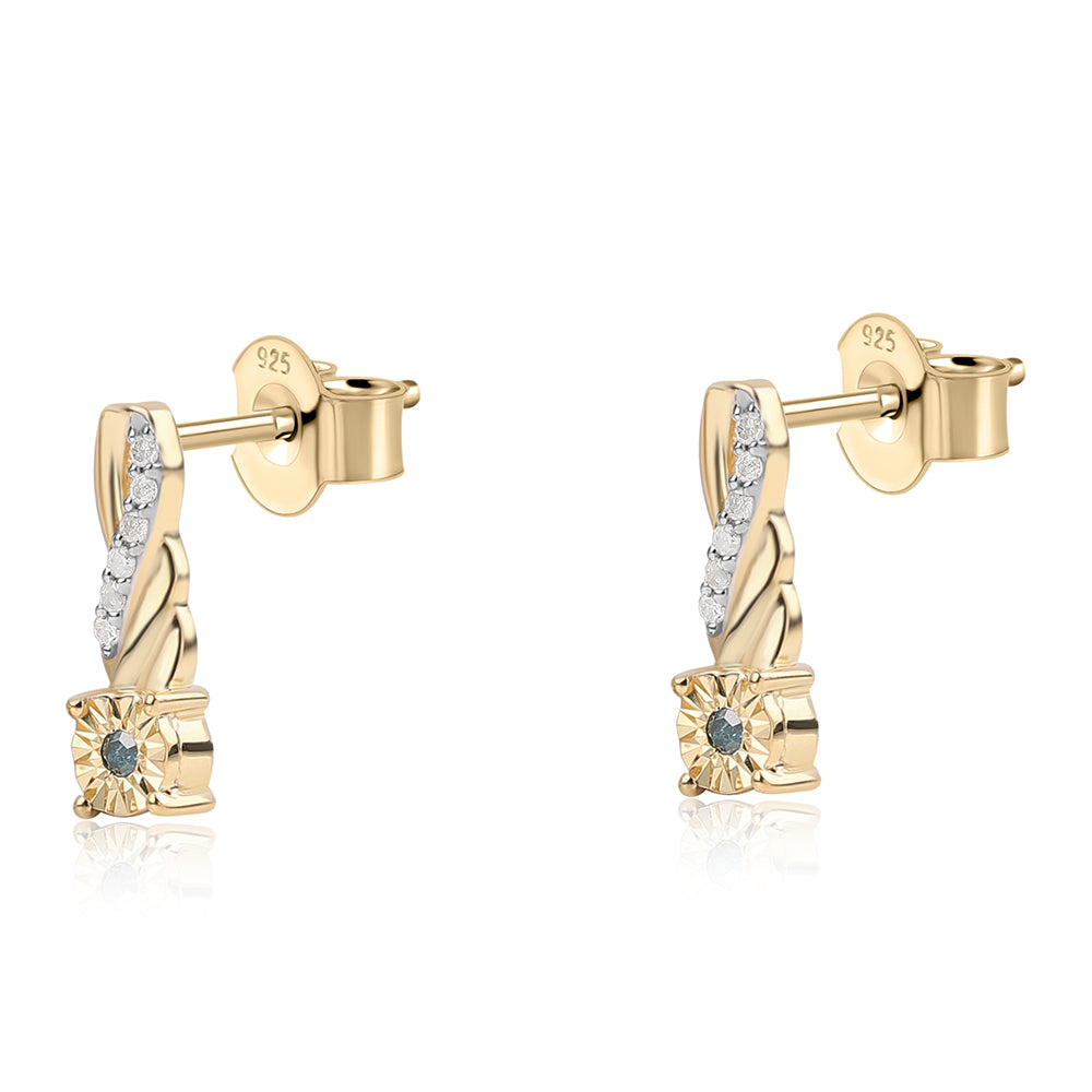 Pozlacené 925 / 1000 Sterlingové Stříbro Náušnice s Modrým Diamantem a Bílým Diamantem 2 