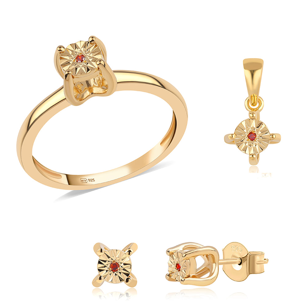 Pozlacené Stříbro 925/1000 - Sada s Červeným Diamantem - Karátové číslo: 0.02. přibližná hmotnost: 1.31 gramů ( Náušnice+Prsten+Přívěsek ) 1 