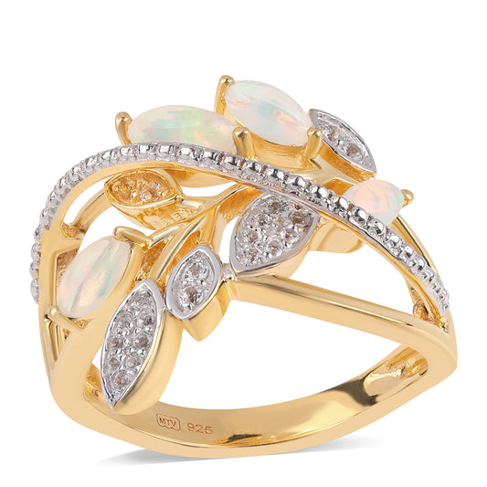 Pozlacený 925 / 1000 Sterlingové Stříbro Prsten s Etiopským Opálem z Lega Dembi a Bílým Topazem