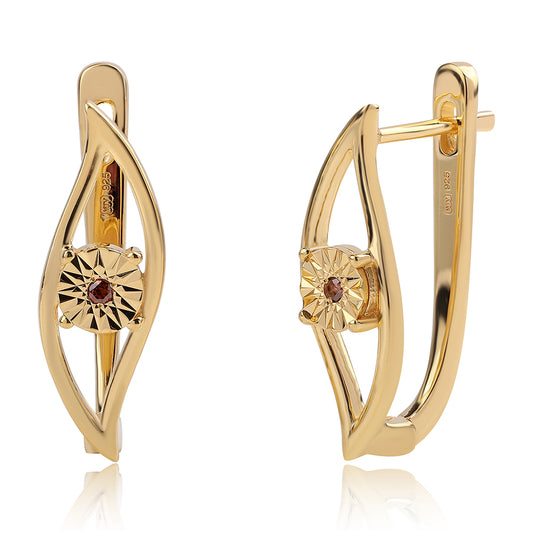 Pozlacené Stříbro 925/1000 - Náušnice s Červeným Diamantem - Karátové číslo: 0.03. přibližná hmotnost: 3.25 gramů