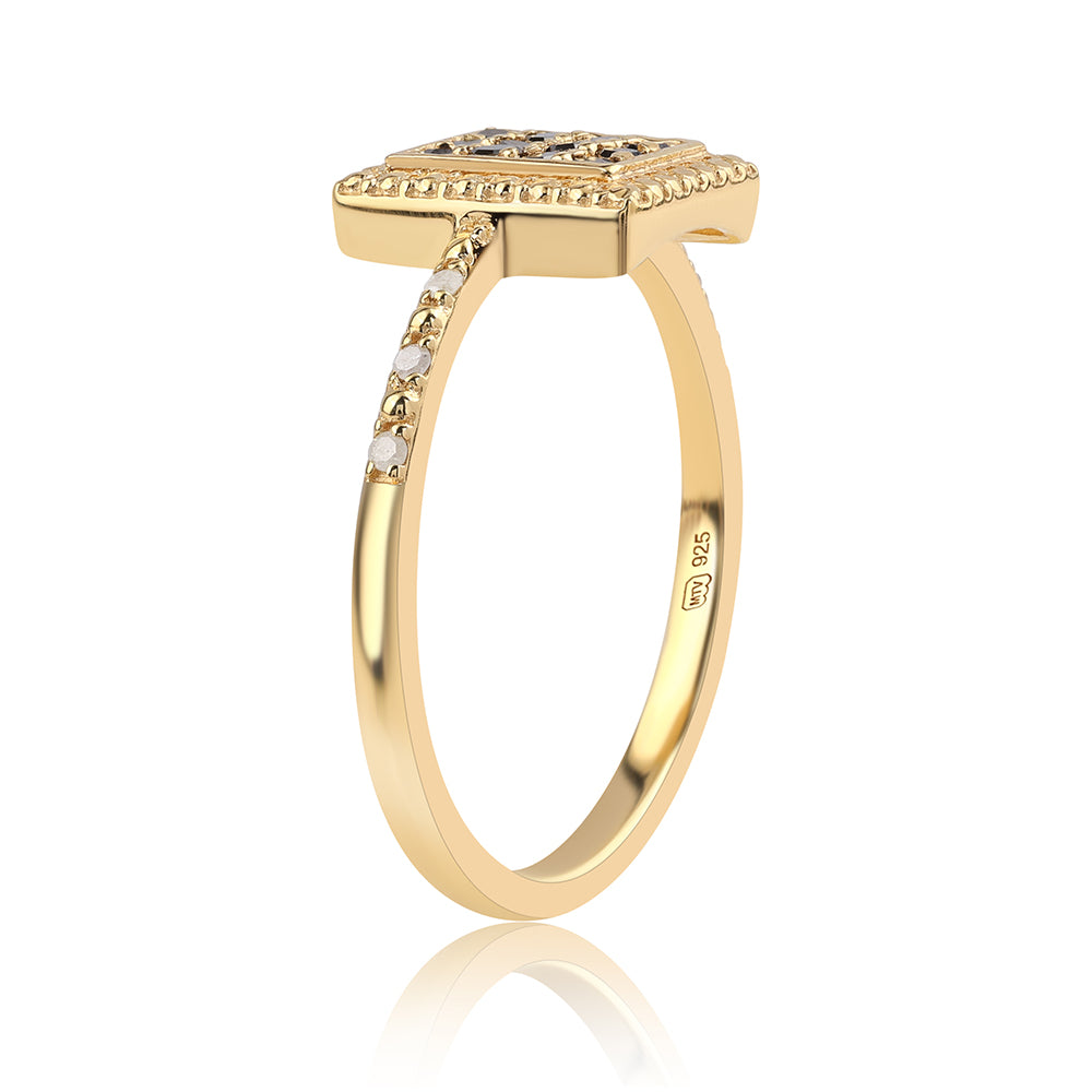 Pozlacené Sterlingové Stříbro 925 / 1000 - Prsten s Černým Diamantem a Bílým Diamantem