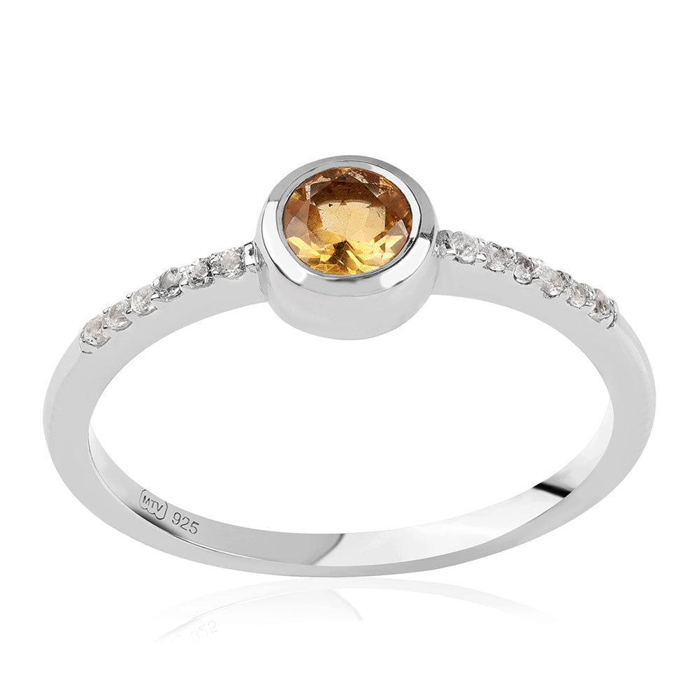 Stříbro 925/1000 - Prsten s Brazilským Citrínem tř.AA a Bílým Topazem - Karátové číslo: 0.59. přibližná hmotnost: 2.21 gramů