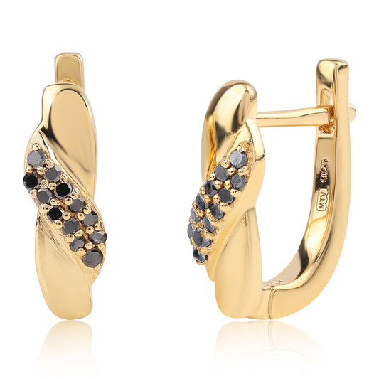 Pozlacené 925 / 1000 Sterlingové Stříbro Náušnice s Černým Diamantem