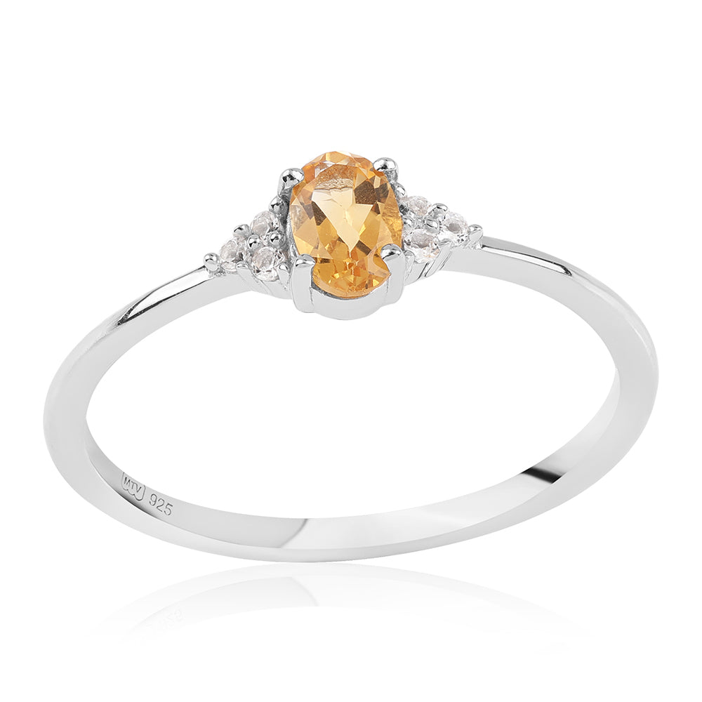 Stříbro 925/1000 - Prsten s Brazilským Citrínem tř.AA a Bílým Topazem - Karátové číslo: 0.48. přibližná hmotnost: 1.55 gramů