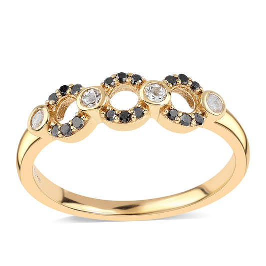 Pozlacený 925 / 1000 Sterlingové Stříbro Prsten s Černým Diamantem a Bílým Topazem