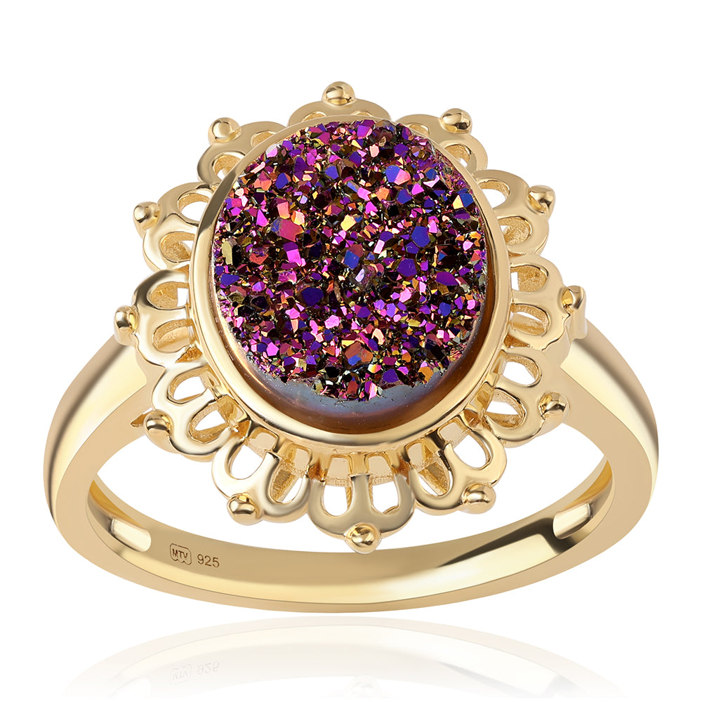 Pozlacený 925 / 1000 Sterlingové Stříbro Prsten s Fialovou Drusy 1 