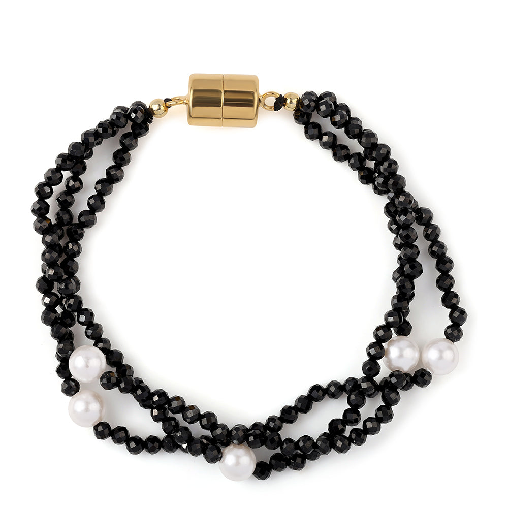 Pozlacený 925 / 1000 Sterlingové Stříbro Náramek s Černým spinelem a Bílou Sladkovodní Perlou 1 