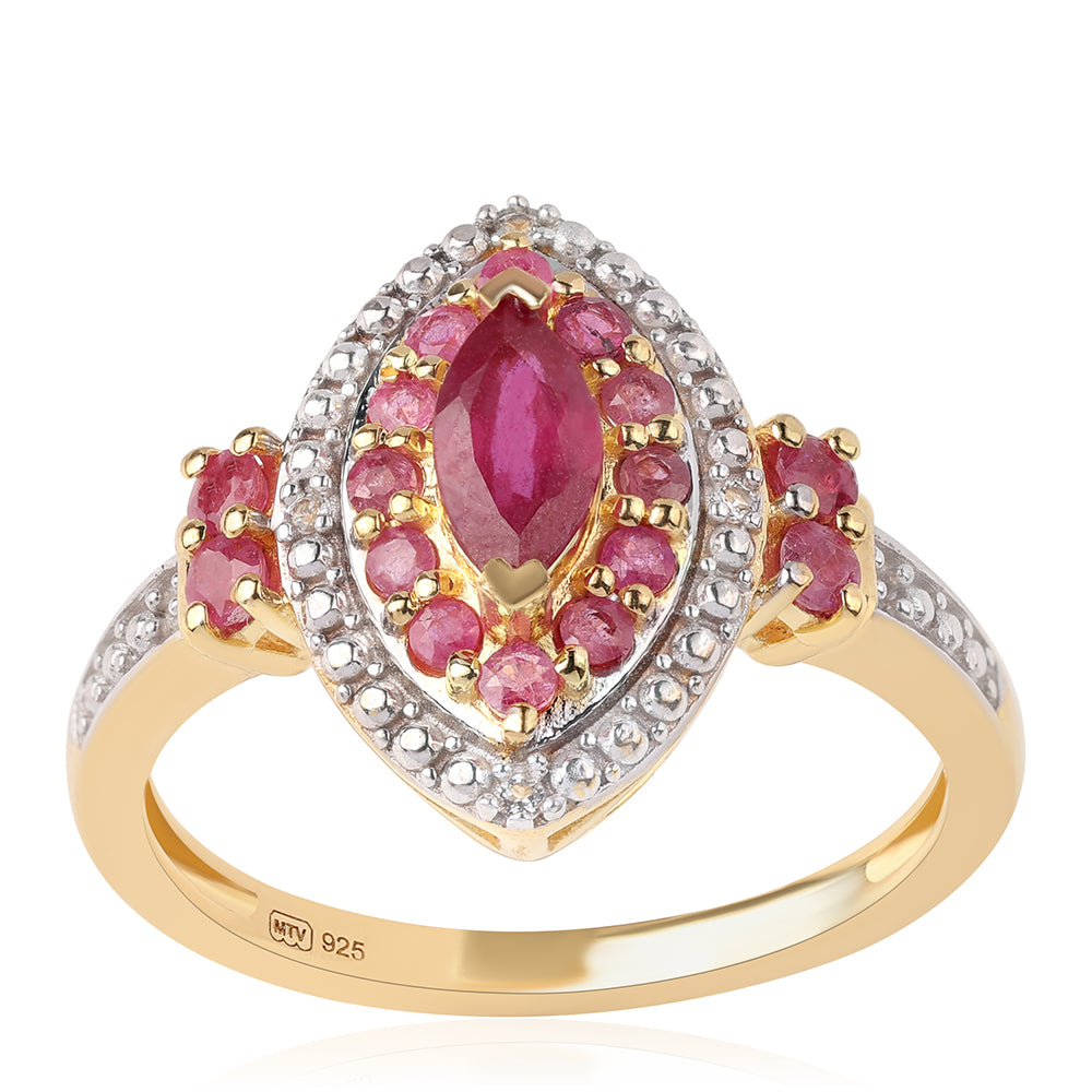 Pozlacené Stříbro 925/1000 - Prsten s Mozambickým Rubínem a Bílým Topazem - Karátové číslo: 0.86. přibližná hmotnost: 3.35 gramů 1 