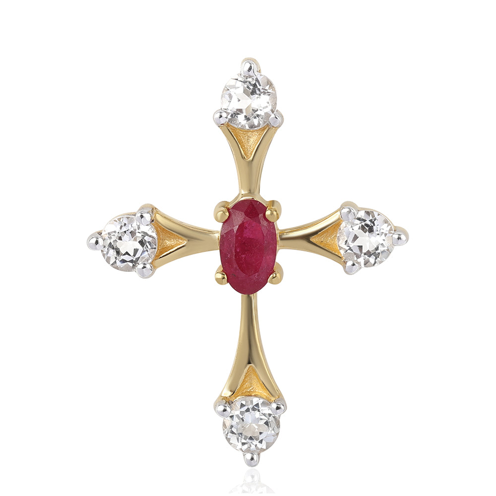 Pozlacené Stříbro 925/1000 - Přívěsek s Mozambickým Rubínem a Bílým Topazem - Karátové číslo: 0.84. přibližná hmotnost: 1.15 gramů