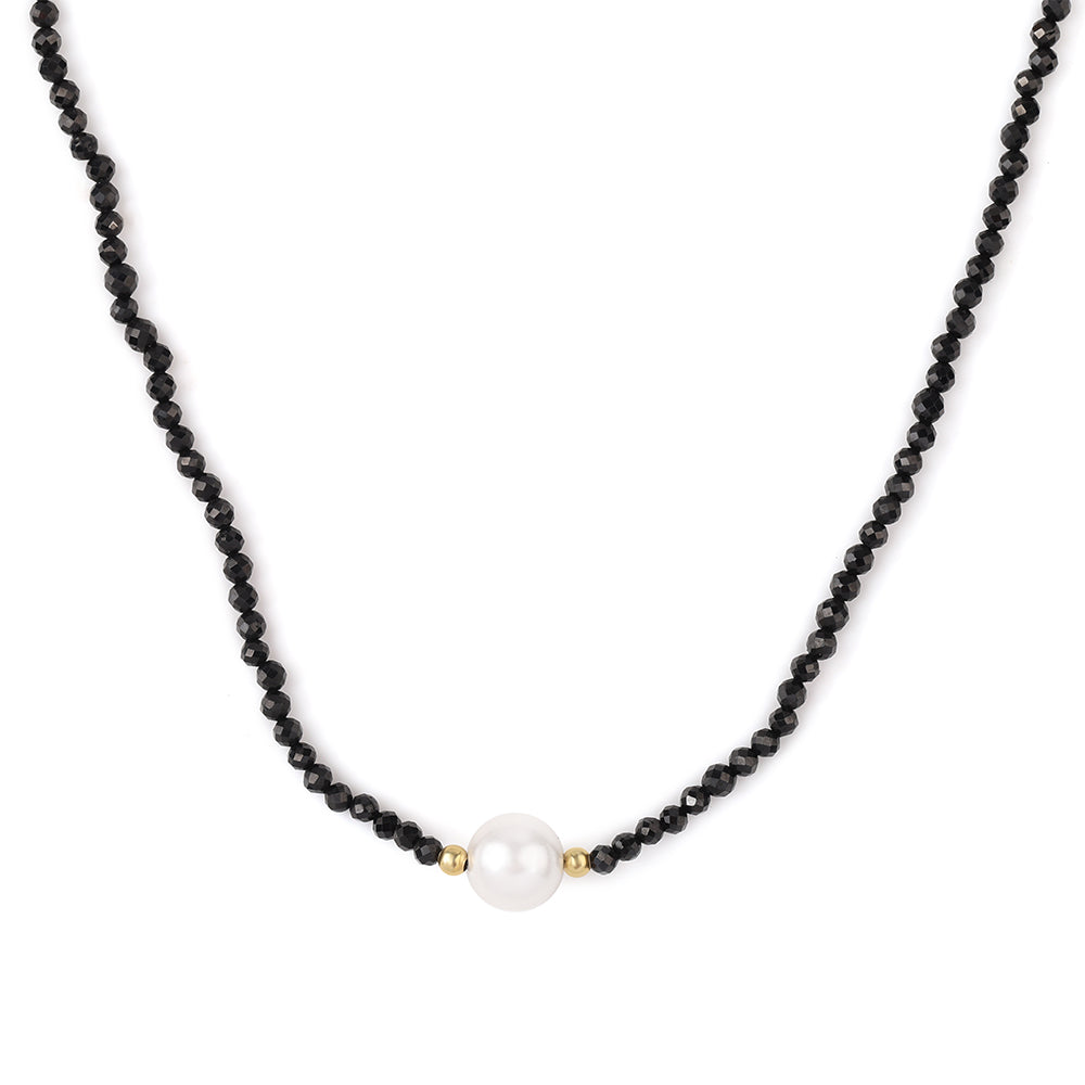 Pozlacené Stříbro 925/1000 - Náhrdelník s Černým spinelem a Bílou Sladkovodní Perlou - Karátové číslo: 38.05. přibližná hmotnost: 8.55 gramů