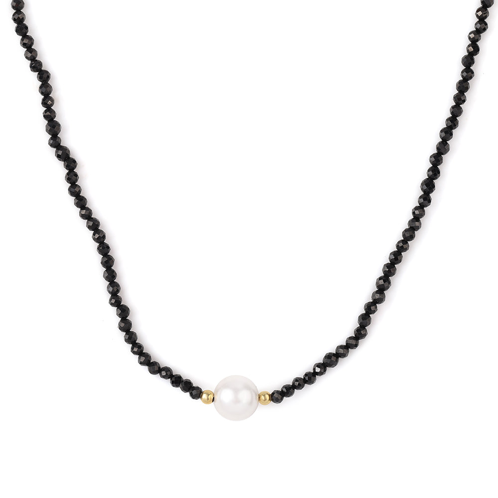 Pozlacené Stříbro 925/1000 - Náhrdelník s Černým spinelem a Bílou Sladkovodní Perlou - Karátové číslo: 38.05. přibližná hmotnost: 8.55 gramů 4 