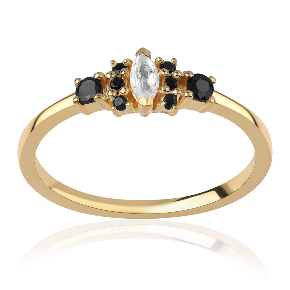 Pozlacené Stříbro 925/1000 - Prsten s Černým spinelem a Bílým Topazem - Karátové číslo: 0.42. přibližná hmotnost: 1.9 gramů 1 