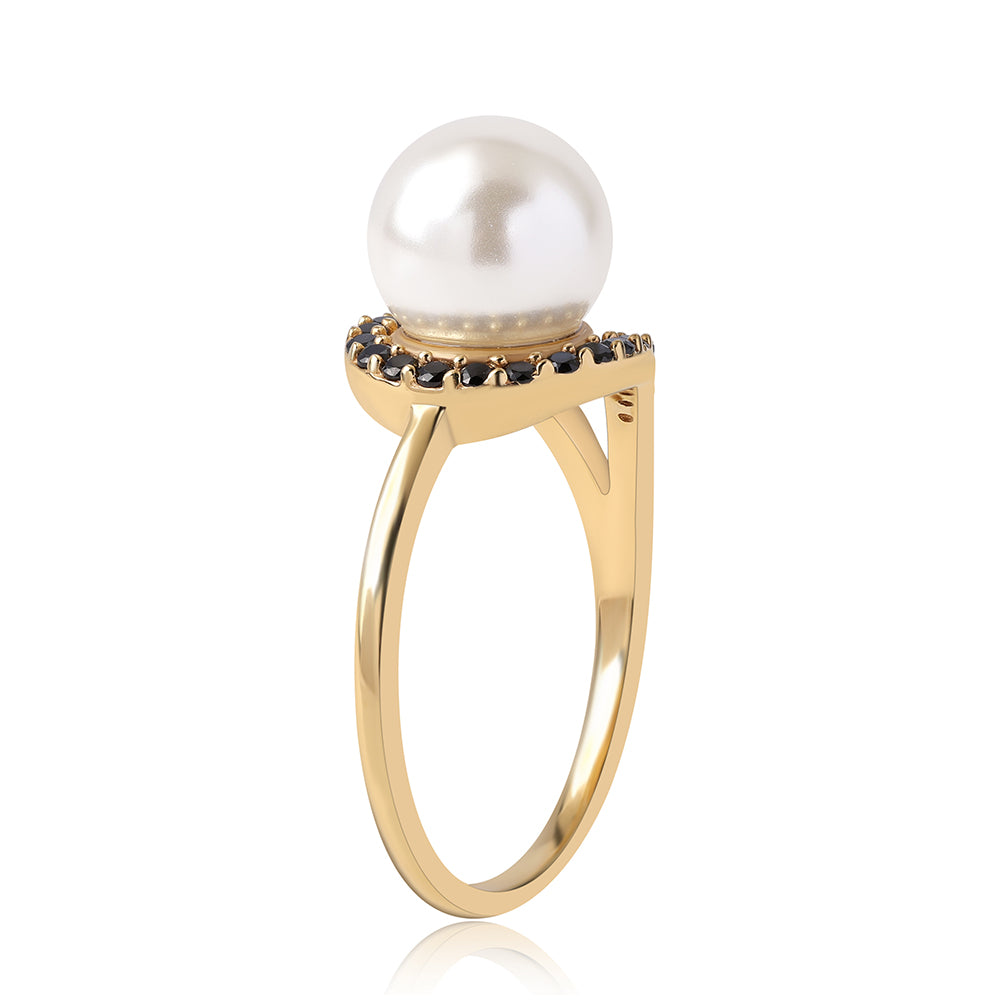 Pozlacené Sterlingové Stříbro 925 / 1000 - Prsten s Černým spinelem a Bílou Sladkovodní Perlou
