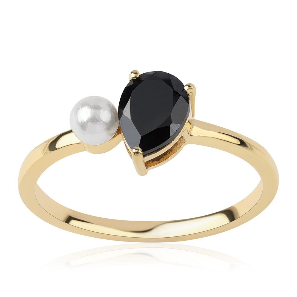Pozlacené Stříbro 925/1000 - Prsten s Černým spinelem a Bílou Sladkovodní Perlou - Karátové číslo: 1.85. přibližná hmotnost: 2.31 gramů 1 