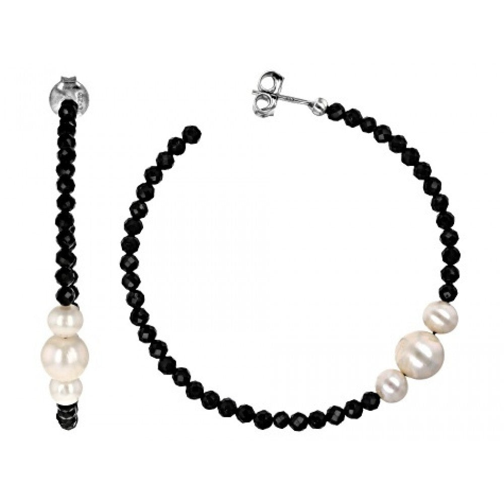 Pozlacené Stříbro 925/1000 - Náušnice s Černým spinelem a Bílou Sladkovodní Perlou - Karátové číslo: 14.94. přibližná hmotnost: 5.75 gramů 1 