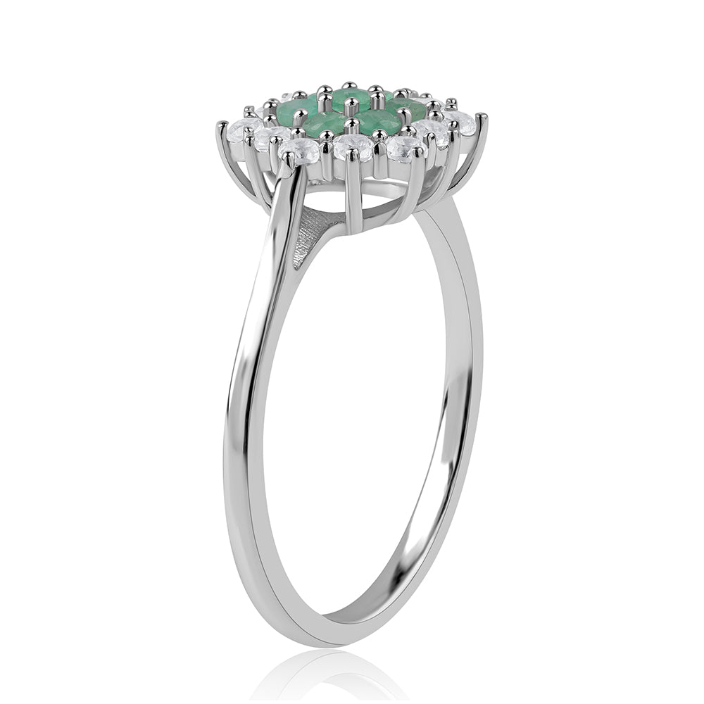 Stříbro 925/1000 - Prsten s Brazilským Smaragdem a Bílým Topazem - Karátové číslo: 1.16. přibližná hmotnost: 2.45 gramů