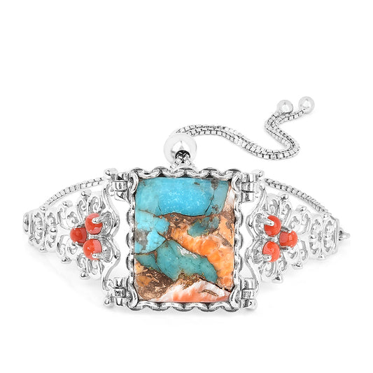 Stříbrný Náramek s Ústřicovým Tyrkysem a Červeným Korálem