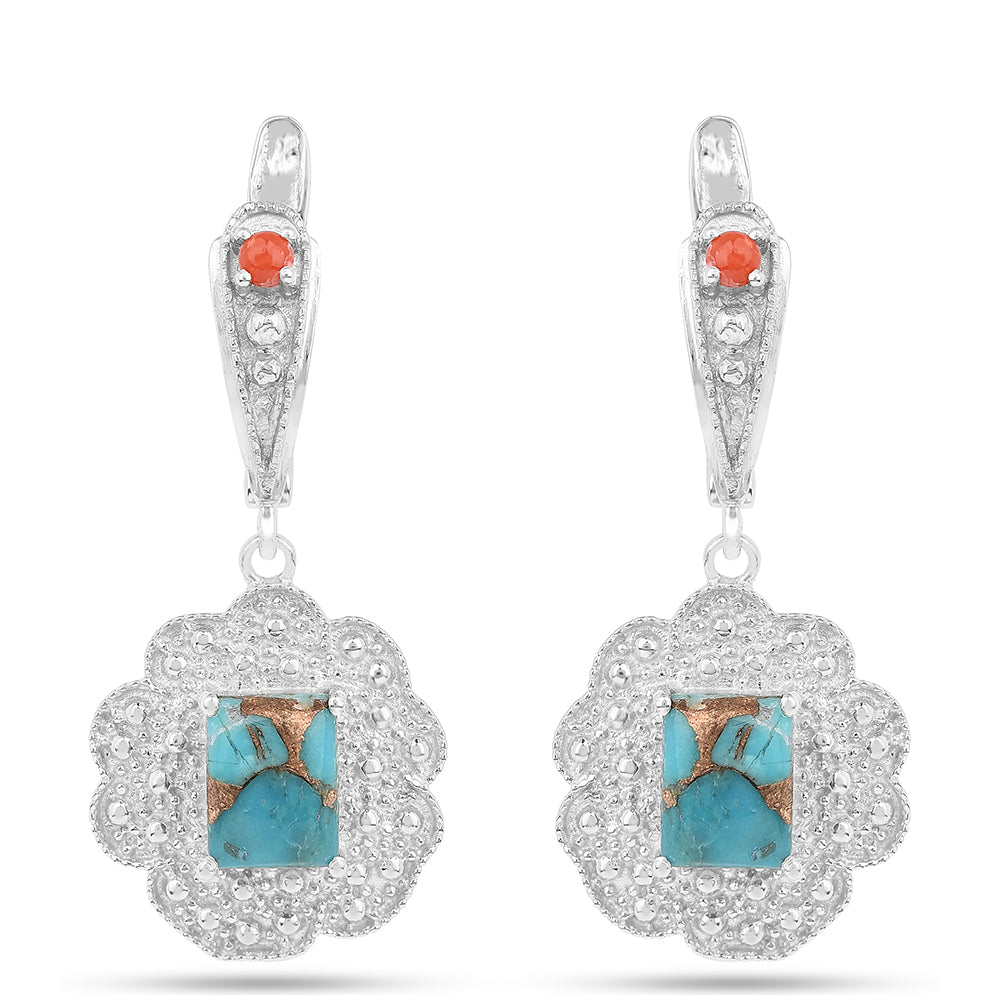 Stříbro 925/1000 - Náušnice s Ústřicovým Tyrkysem a Červeným Korálem - Karátové číslo: 3.93. přibližná hmotnost: 6.02 gramů