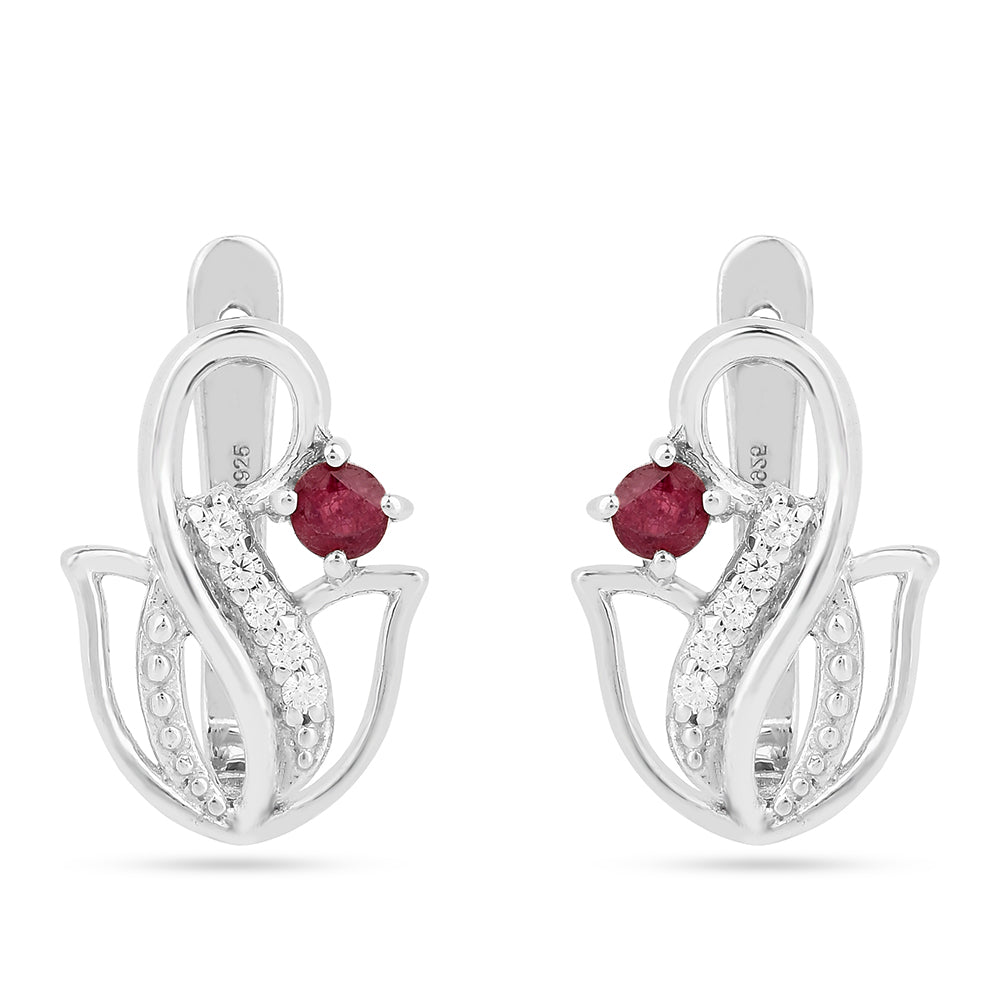 Stříbro 925/1000 - Náušnice s Thajským Rubínem a Bílým Zirkonem - Karátové číslo: 0.49. přibližná hmotnost: 3.07 gramů 1 