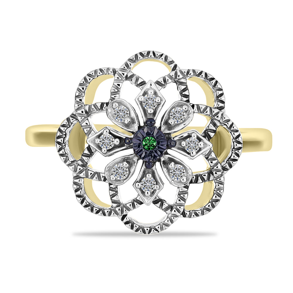 Pozlacené Stříbro 925/1000 - Prsten se Zeleným Diamantem a Bílým Diamantem - Karátové číslo: 0.09. přibližná hmotnost: 3.42 gramů 1 