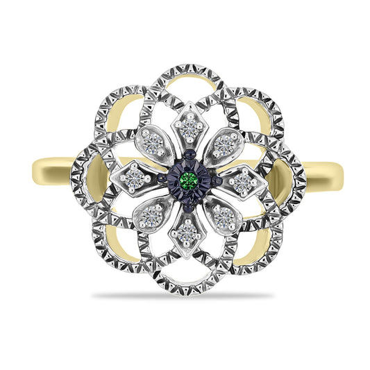 Pozlacené Stříbro 925/1000 - Prsten se Zeleným Diamantem a Bílým Diamantem - Karátové číslo: 0.09. přibližná hmotnost: 3.42 gramů