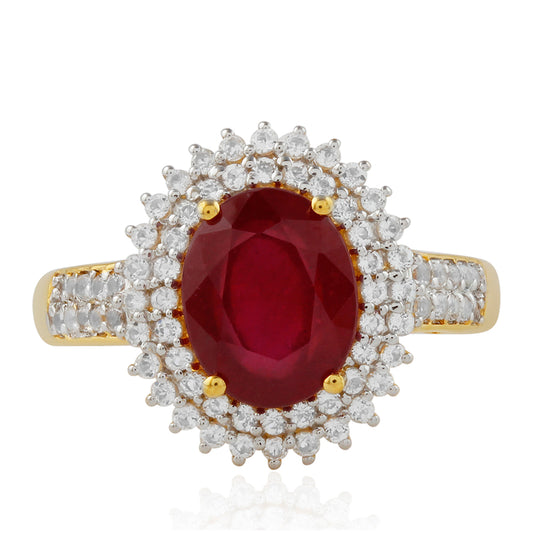 Pozlacené Stříbro 925/1000 - Prsten s Thajským Rubínem a Bílým Topazem - Karátové číslo: 4.87. přibližná hmotnost: 4.36 gramů