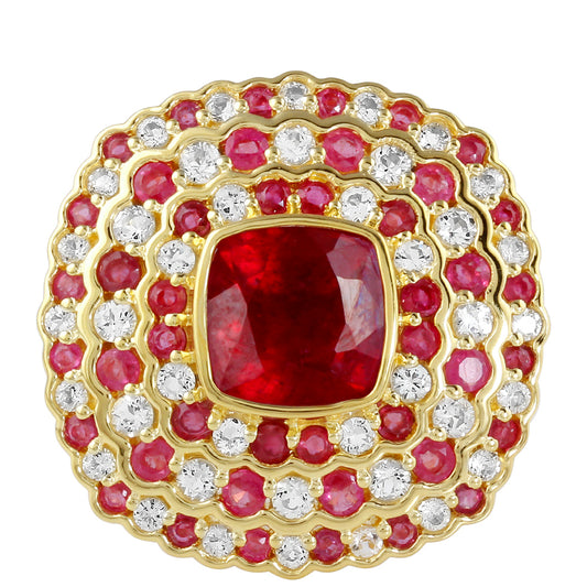 Pozlacené Stříbro 925/1000 - Prsten s Thajským Rubínem a Bílým Topazem - Karátové číslo: 6.36. přibližná hmotnost: 7.51 gramů