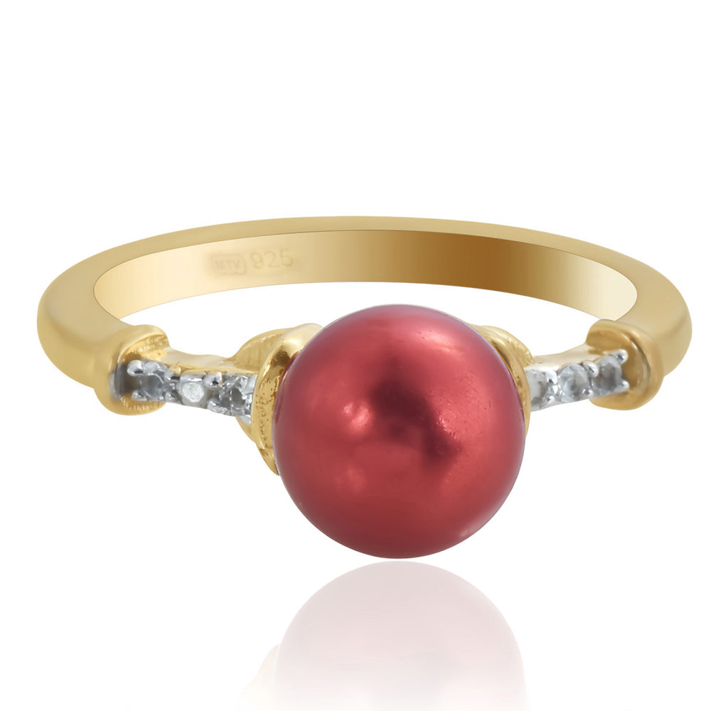 Pozlacené Stříbro 925/1000 - Prsten s Červená sladkovodní Perlou a Bílým Topazem - Karátové číslo: 3.93. přibližná hmotnost: 3.35 gramů