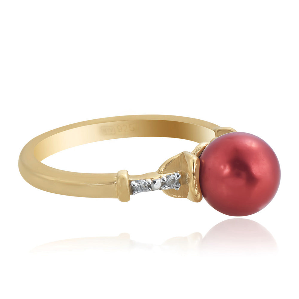Pozlacené Stříbro 925/1000 - Prsten s Červená sladkovodní Perlou a Bílým Topazem - Karátové číslo: 3.93. přibližná hmotnost: 3.35 gramů 4 