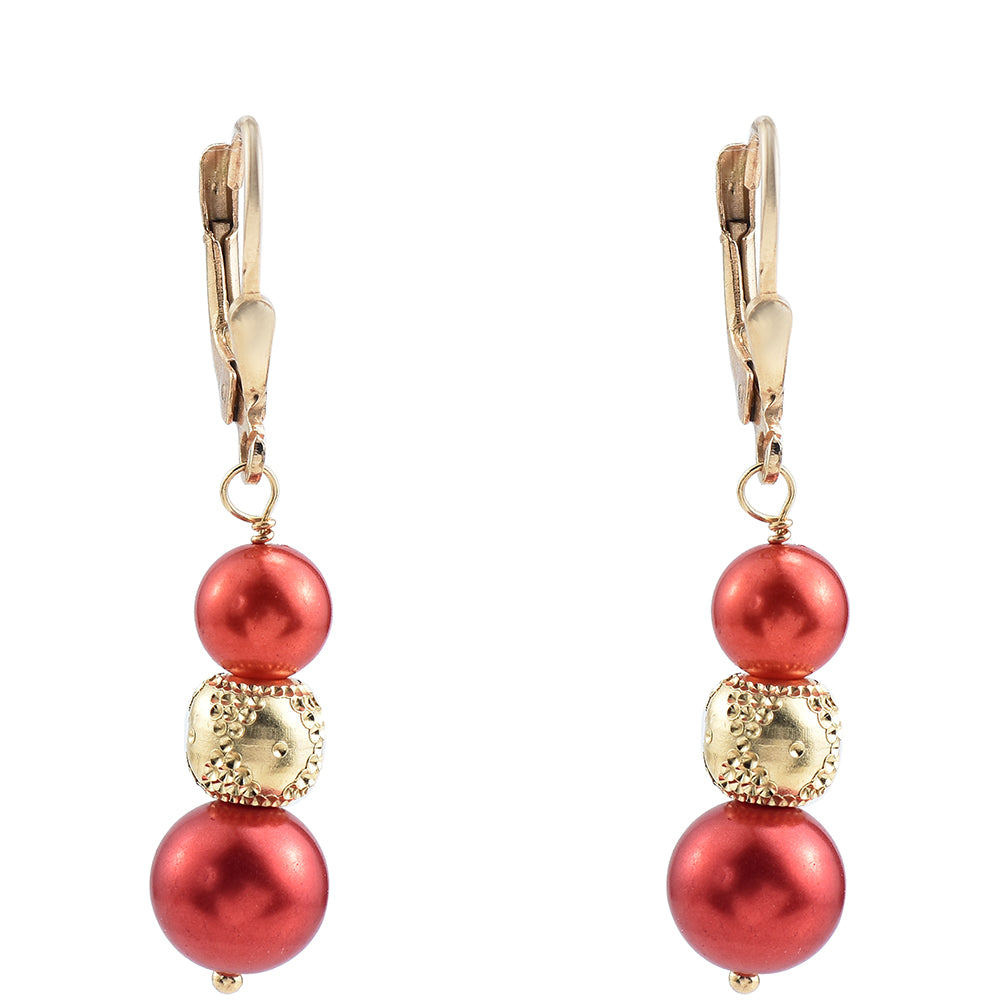 Pozlacené Stříbrné Náušnice s Červená sladkovodní Perlou 1 
