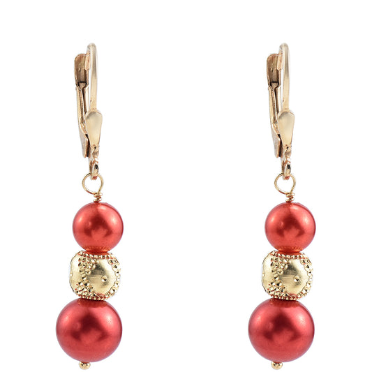 Pozlacené Stříbrné Náušnice s Červená sladkovodní Perlou