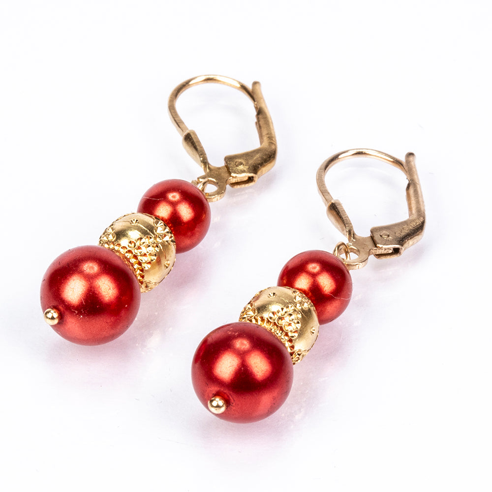 Pozlacené Stříbrné Náušnice s Červená sladkovodní Perlou 3 