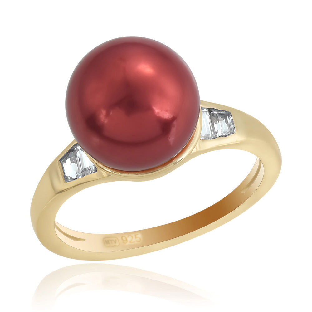 Pozlacené Stříbro 925/1000 - Prsten s Červená sladkovodní Perlou a Bílým Topazem - Karátové číslo: 7.62. přibližná hmotnost: 4.04 gramů 1 