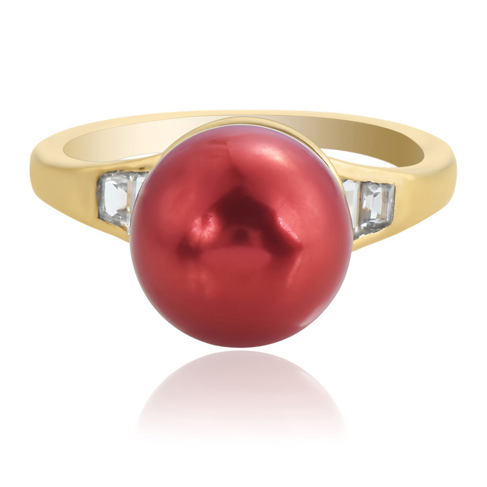 Pozlacené Stříbro 925/1000 - Prsten s Červená sladkovodní Perlou a Bílým Topazem - Karátové číslo: 7.62. přibližná hmotnost: 4.04 gramů 3 