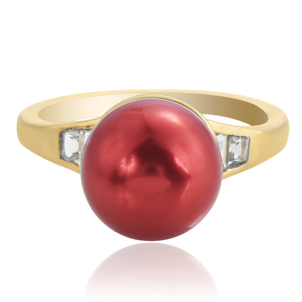 Pozlacené Stříbro 925/1000 - Prsten s Červená sladkovodní Perlou a Bílým Topazem - Karátové číslo: 7.62. přibližná hmotnost: 4.04 gramů 4 