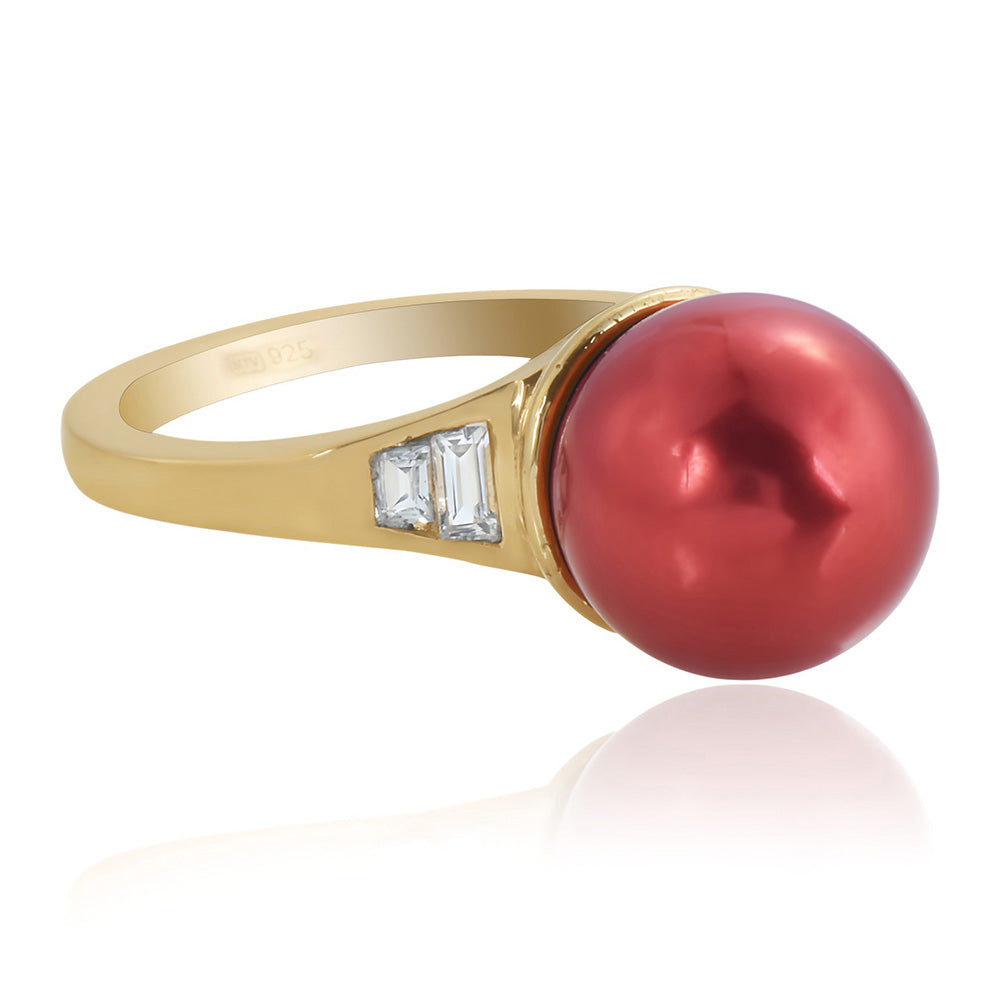Pozlacené Stříbro 925/1000 - Prsten s Červená sladkovodní Perlou a Bílým Topazem - Karátové číslo: 7.62. přibližná hmotnost: 4.04 gramů