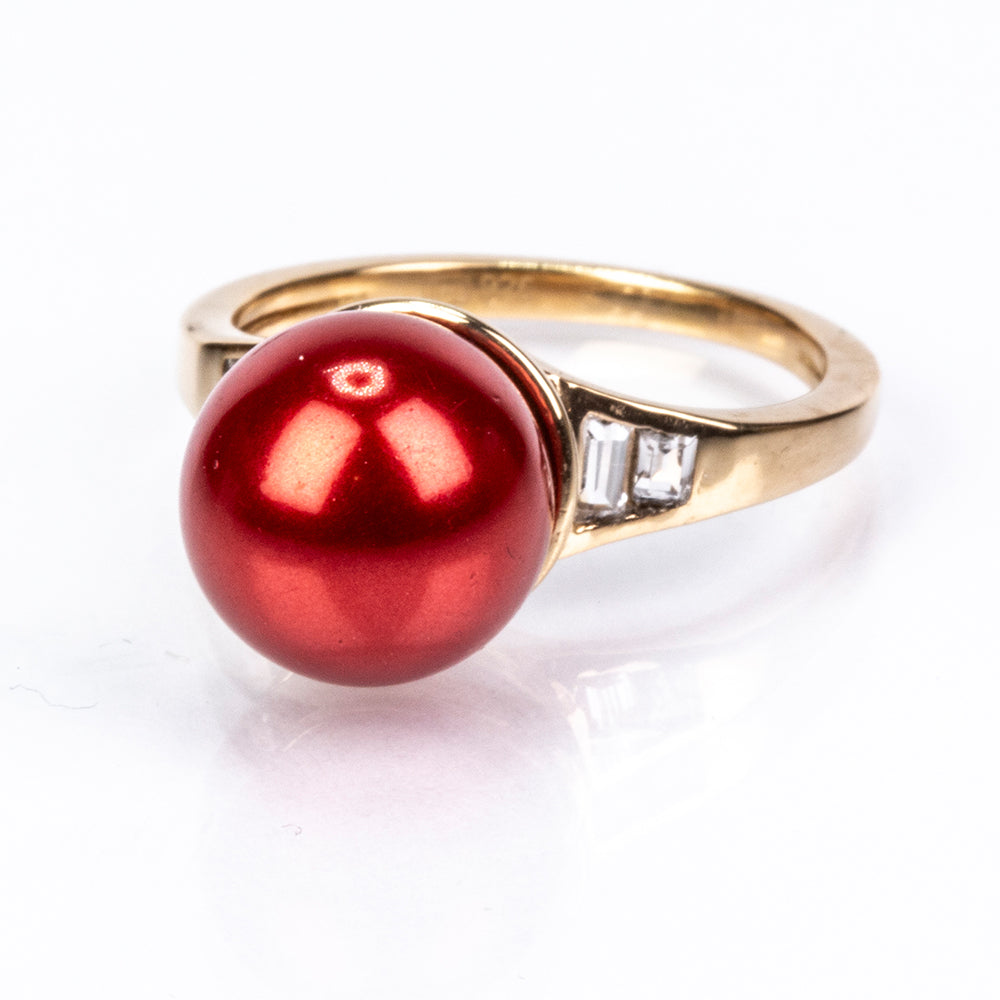 Pozlacené Stříbro 925/1000 - Prsten s Červená sladkovodní Perlou a Bílým Topazem - Karátové číslo: 7.62. přibližná hmotnost: 4.04 gramů 6 