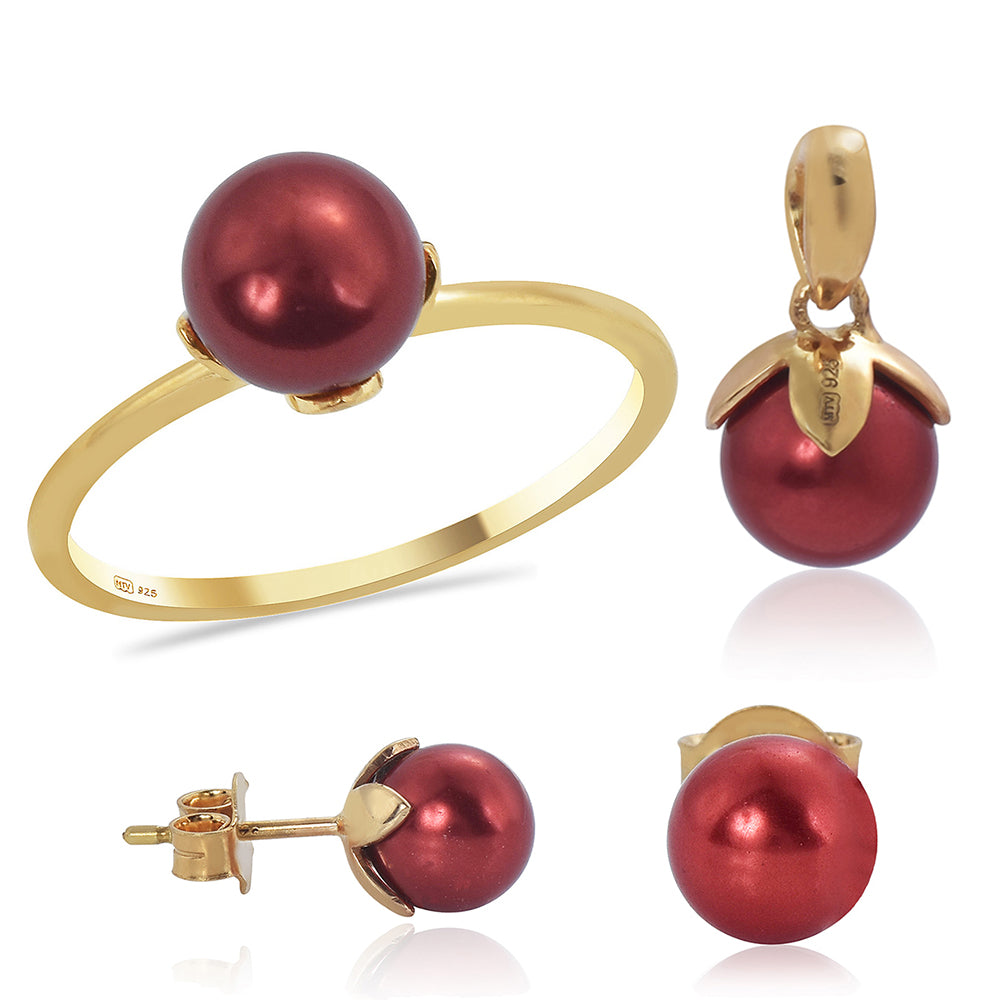 Pozlacené Stříbro 925/1000 - Sada s Červená sladkovodní Perlou - Karátové číslo: 17.08. přibližná hmotnost: 7.04 gramů ( Náušnice+Prsten+Přívěsek ) 13 
