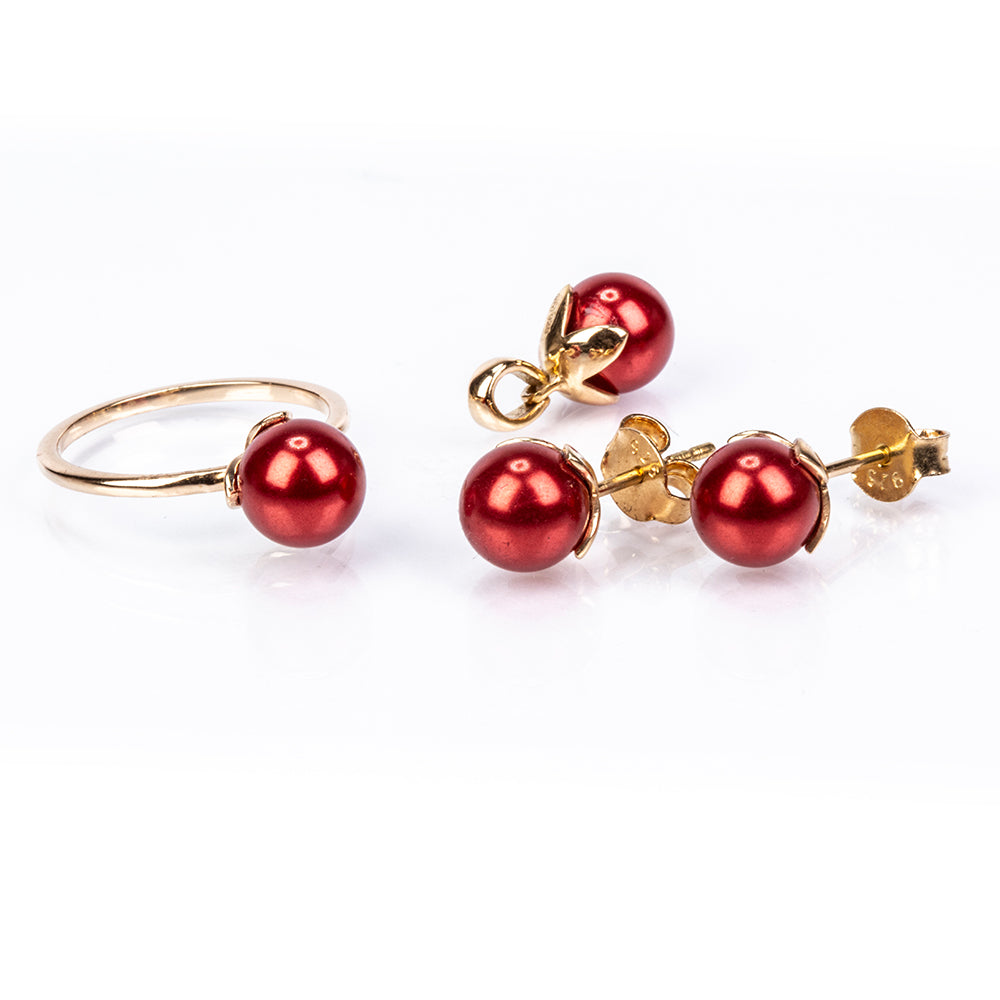 Pozlacené Stříbro 925/1000 - Sada s Červená sladkovodní Perlou - Karátové číslo: 17.08. přibližná hmotnost: 7.04 gramů ( Náušnice+Prsten+Přívěsek )