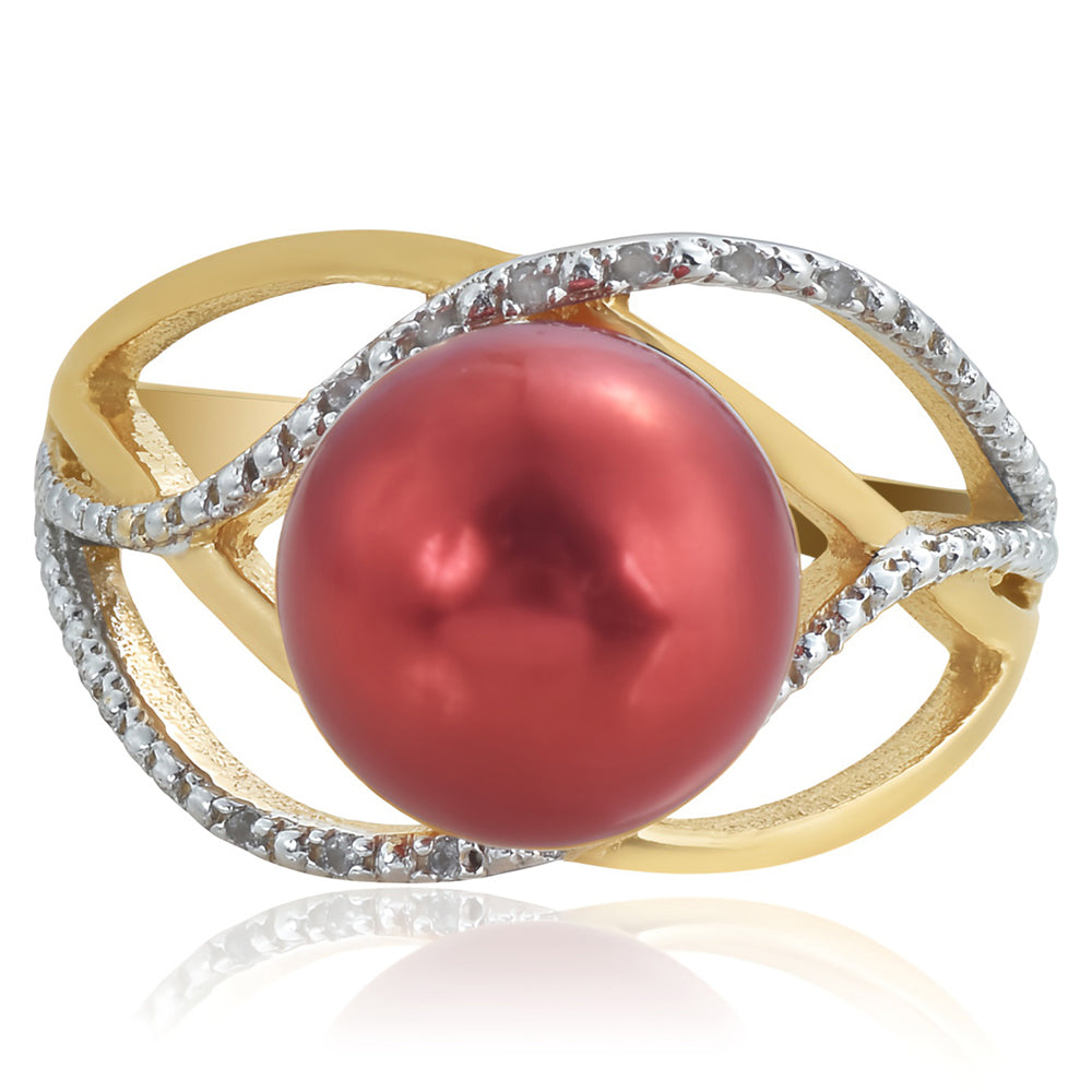 Pozlacené Stříbro 925/1000 - Prsten s Červená sladkovodní Perlou a Bílým Topazem - Karátové číslo: 7.5. přibližná hmotnost: 5.12 gramů