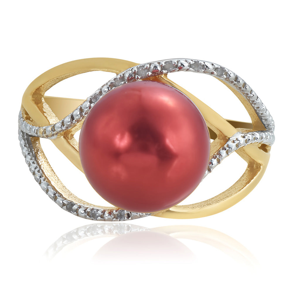 Pozlacené Stříbro 925/1000 - Prsten s Červená sladkovodní Perlou a Bílým Topazem - Karátové číslo: 7.5. přibližná hmotnost: 5.12 gramů 3 