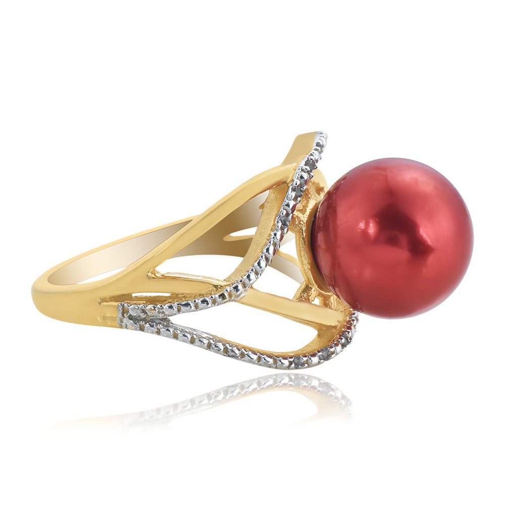Pozlacené Stříbro 925/1000 - Prsten s Červená sladkovodní Perlou a Bílým Topazem - Karátové číslo: 7.5. přibližná hmotnost: 5.12 gramů
