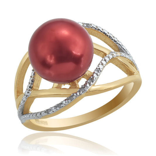 Pozlacené Stříbro 925/1000 - Prsten s Červená sladkovodní Perlou a Bílým Topazem - Karátové číslo: 7.5. přibližná hmotnost: 5.12 gramů