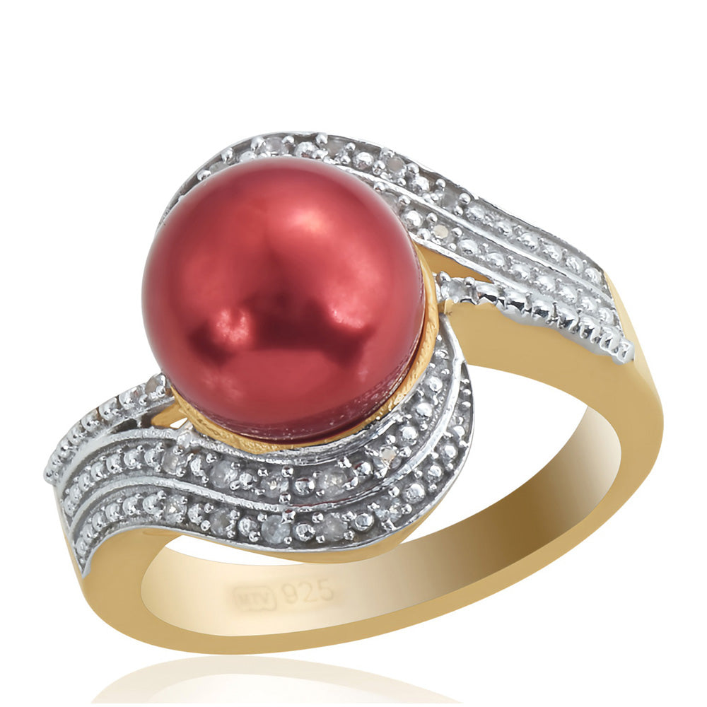 Pozlacené Stříbro 925/1000 - Prsten s Červená sladkovodní Perlou a Bílým Topazem - Karátové číslo: 7.49. přibližná hmotnost: 6.49 gramů 2 
