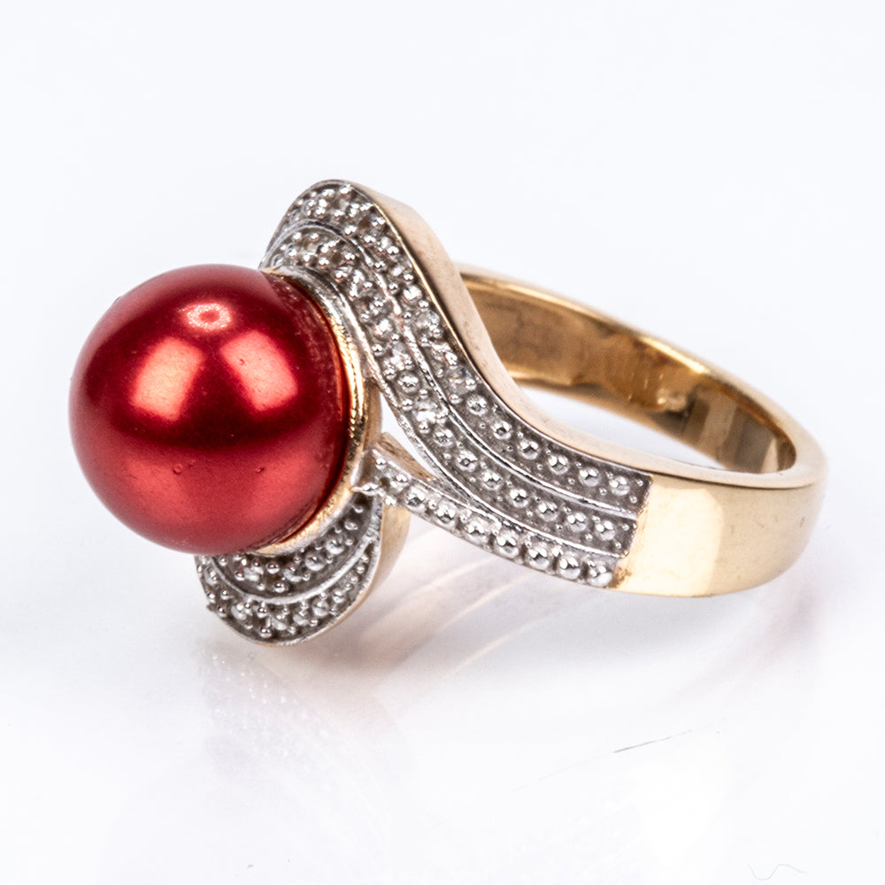 Pozlacené Stříbro 925/1000 - Prsten s Červená sladkovodní Perlou a Bílým Topazem - Karátové číslo: 7.49. přibližná hmotnost: 6.49 gramů 3 
