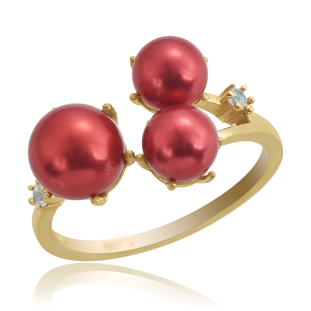 Pozlacené Stříbro 925/1000 - Prsten s Červená sladkovodní Perlou a Bílým Topazem - Karátové číslo: 8.03. přibližná hmotnost: 3.81 gramů