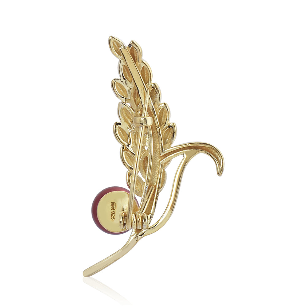 Pozlacené Stříbro 925/1000 - Brož s Červená sladkovodní Perlou - Karátové číslo: 3.86. přibližná hmotnost: 5.41 gramů