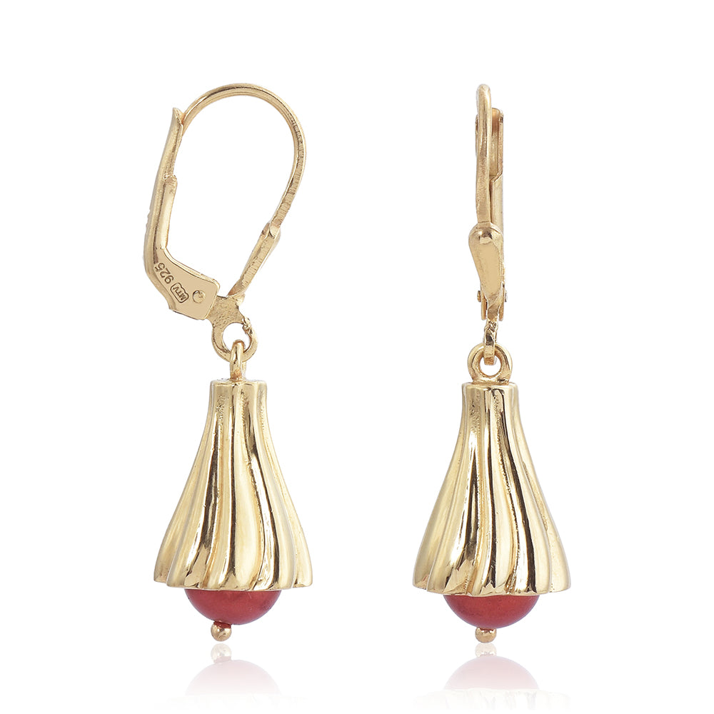 Pozlacené Stříbrné Náušnice s Červená sladkovodní Perlou