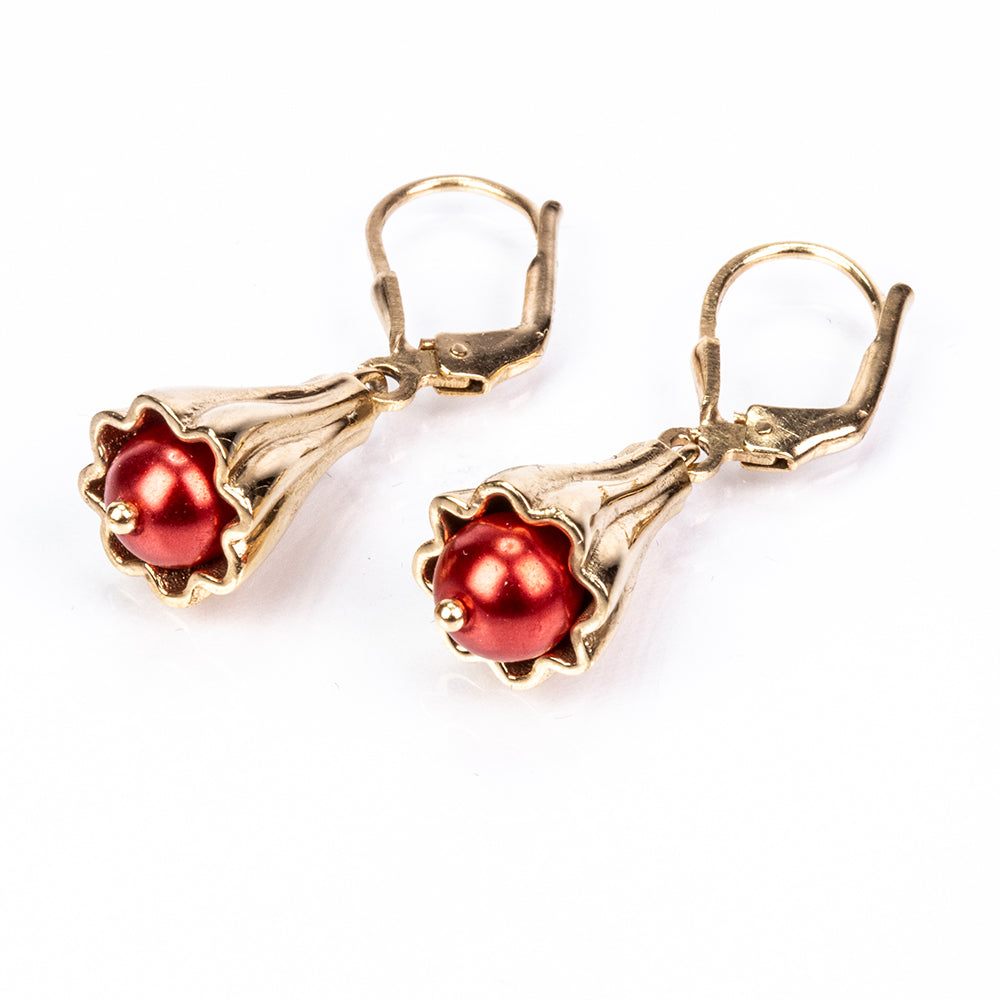 Pozlacené Stříbrné Náušnice s Červená sladkovodní Perlou 3 